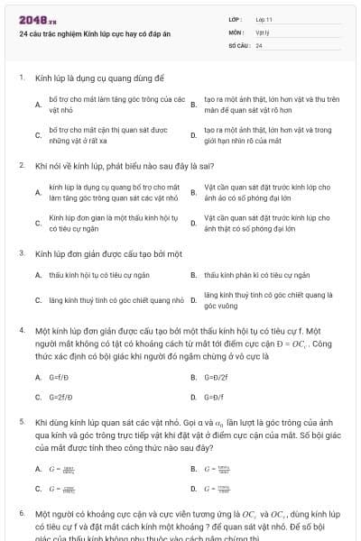 24 câu trắc nghiệm Kính lúp cực hay có đáp án