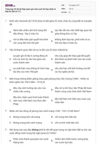 Tổng hợp 20 đề thi thpt quốc gia môn Lịch Sử Hay nhất có đáp án (Đề số 17)