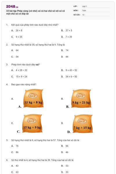 33 bài tập Phép cộng (có nhớ) số có hai chữ số với số có một chữ số có đáp án