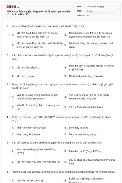 1000+ câu Trắc nghiệm Nhập môn xử lý ngôn ngữ tự nhiên có đáp án - Phần 15
