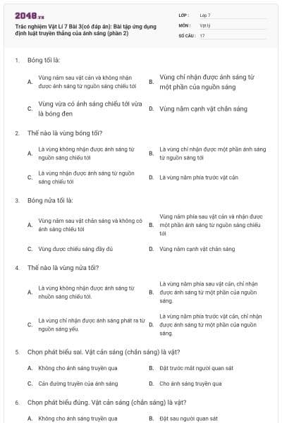 Trắc nghiệm Vật Lí 7 Bài 3(có đáp án): Bài tập ứng dụng định luật truyền thẳng của ánh sáng (phần 2)