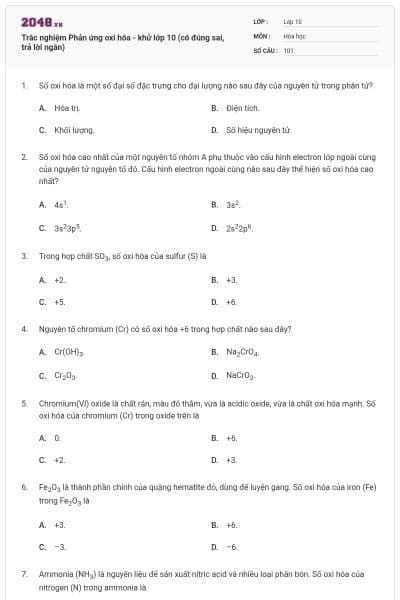 Trắc nghiệm Phản ứng oxi hóa - khử lớp 10 (có đúng sai, trả lời ngắn)