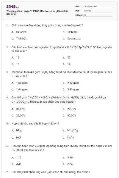 Tổng hợp đề ôn luyện THPTQG Hóa học có lời giải chi tiết (Đề số 7)