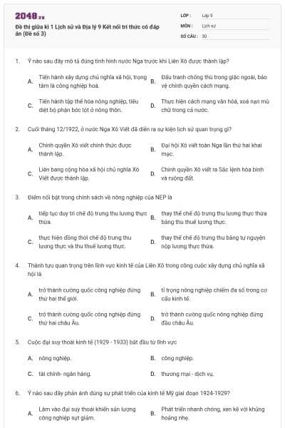 Đề thi giữa kì 1 Lịch sử và Địa lý 9 Kết nối tri thức có đáp án (Đề số 3)