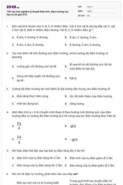100 câu trắc nghiệm lý thuyết Điện tích, Điện trường cực hay có lời giải (P2)