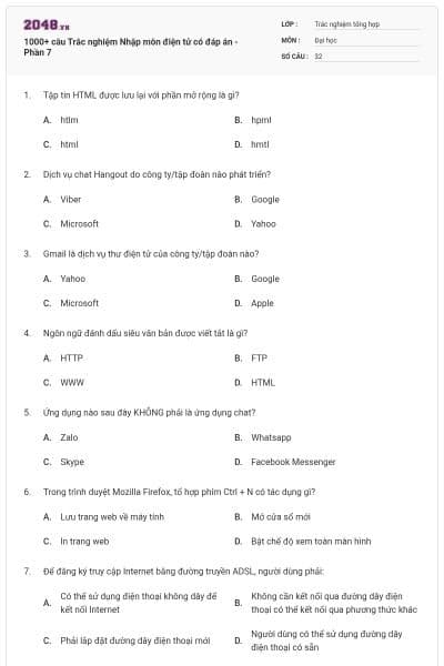1000+ câu Trắc nghiệm Nhập môn điện tử có đáp án - Phần 7