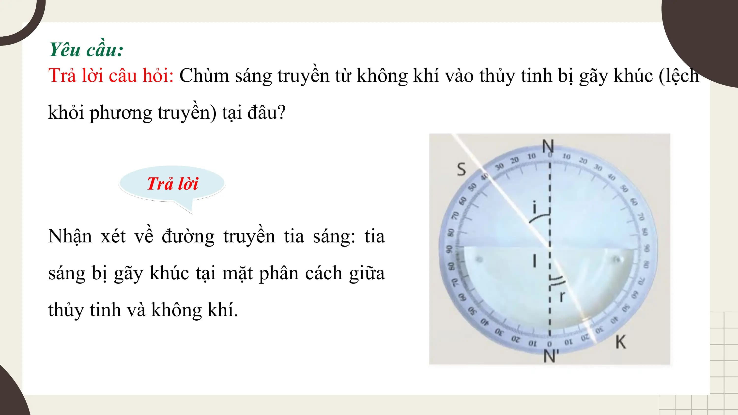 Yêu cầu:
Trả lời câu hỏi: Chùm sáng truyền từ không khí vào thủy tinh bị gãy khúc (lệch
khỏi phương truyền) tại đâu?

 Trả lời

Nhận xét về đường truyền tia sáng: tia
sáng bị gãy khúc tại mặt phân cách giữa
thủy tinh và không khí.
