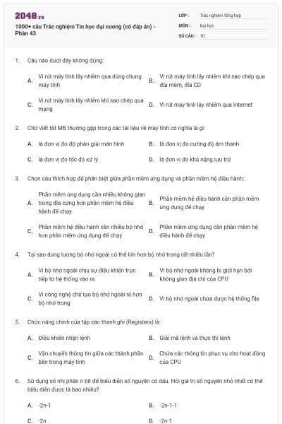 1000+ câu Trắc nghiệm Tin học đại cương (có đáp án) - Phần 43
