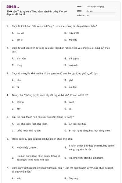 500+ câu Trắc nghiệm Thực hành văn bản tiếng Việt có đáp án - Phần 12