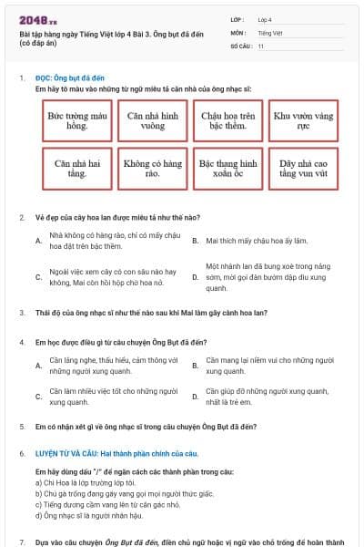 Bài tập hàng ngày Tiếng Việt lớp 4 Bài 3. Ông bụt đã đến (có đáp án)