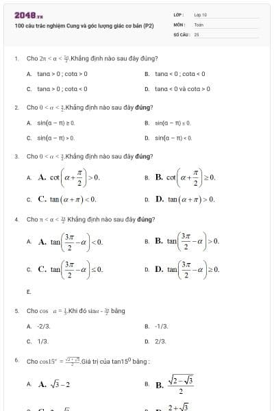 100 câu trắc nghiệm Cung và góc lượng giác cơ bản (P2)
