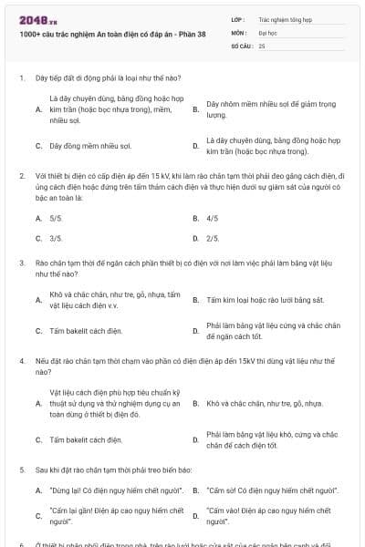 1000+ câu trắc nghiệm An toàn điện có đáp án - Phần 38