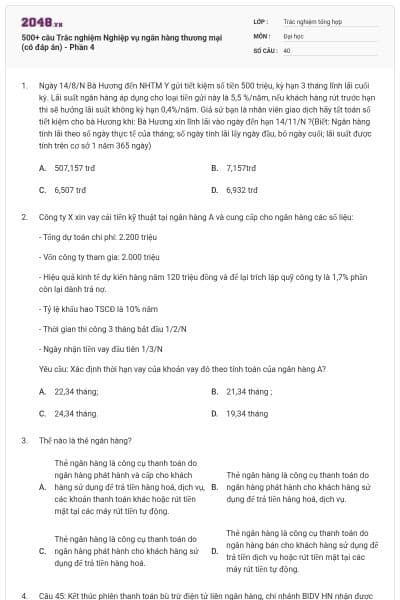 500+ câu Trắc nghiệm Nghiệp vụ ngân hàng thương mại (có đáp án) - Phần 4