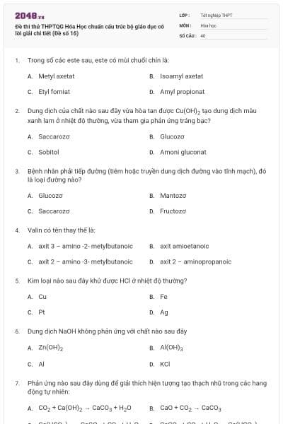 Đề thi thử THPTQG Hóa Học chuẩn cấu trúc bộ giáo dục có lời giải chi tiết (Đề số 16)