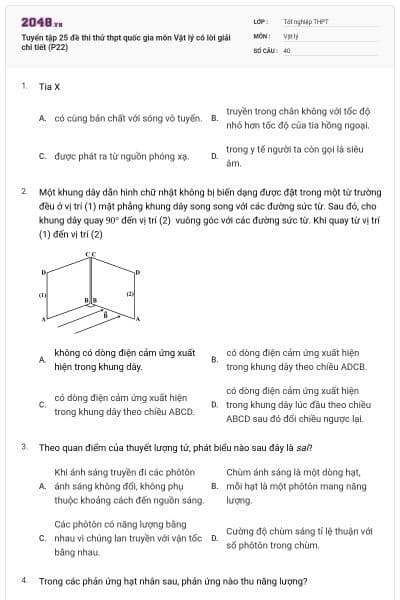 Tuyển tập 25 đề thi thử thpt quốc gia môn Vật lý có lời giải chi tiết (P22)