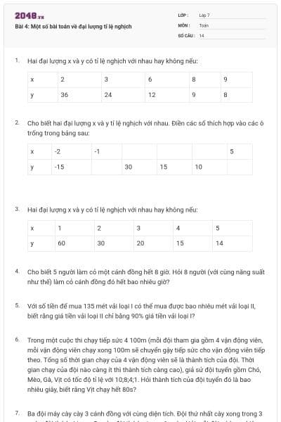 Bài 4: Một số bài toán về đại lượng tỉ lệ nghịch
