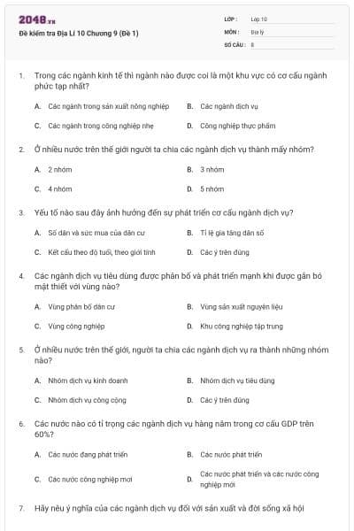 Đề kiểm tra Địa Lí 10 Chương 9 (Đề 1)