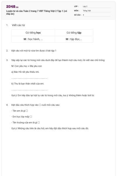 Luyện từ và câu Tuần 2 trang 7 VBT Tiếng Việt 2 Tập 1 (có đáp án)