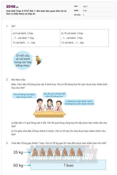 Giải SGK Toán 4 CTST Bài 7. Bài toán liên quan đến rút về đơn vị (tiếp theo) có đáp án