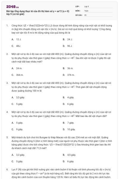 Bài tập Ứng dụng thực tế của đồ thị hàm số y = ax^2 (a ≠ 0) lớp 9 (có lời giải)
