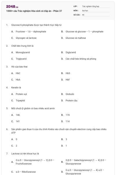 1000+ câu Trắc nghiệm Hóa sinh có đáp án - Phần 37