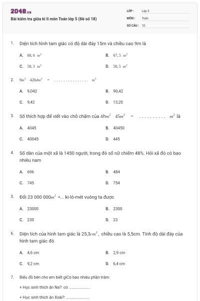 Bài kiểm tra giữa kì II môn Toán lớp 5 (Đề số 18)