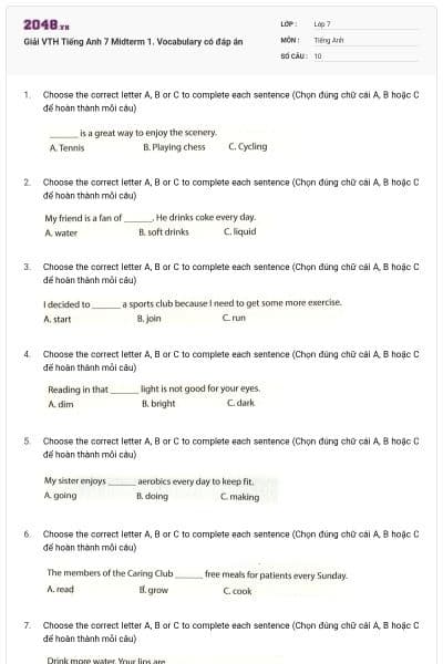 Giải VTH Tiếng Anh 7 Midterm 1. Vocabulary có đáp án