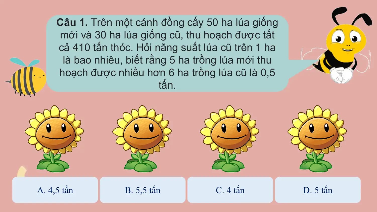 Câu 1. Trên một cánh đồng cấy 50 ha lúa giống
 mới và 30 ha lúa giống cũ, thu hoạch được tất
 cả 410 tấn thóc. Hỏi năng suất lúa cũ trên 1 ha
 là bao nhiêu, biết rằng 5 ha trồng lúa mới thu
 hoạch được nhiều hơn 6 ha trồng lúa cũ là 0,5
 tấn.

A. 4,5 tấn B. 5,5 tấn C. 4 tấn D. 5 tấn