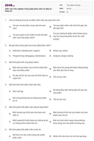 500+ câu Trắc nghiệm Công nghệ phần mềm có đáp án - Phần 20