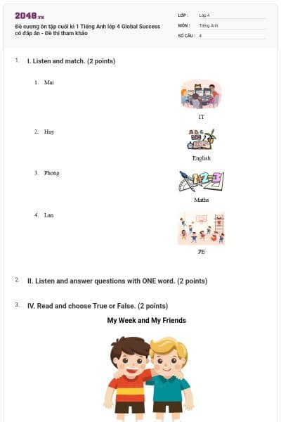 Đề cương ôn tập cuối kì 1 Tiếng Anh lớp 4 Global Success có đáp án - Đề thi tham khảo