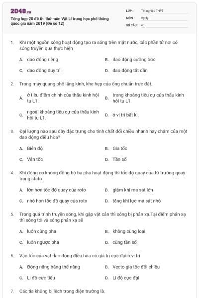 Tổng hợp 20 đề thi thử môn Vật Lí trung học phổ thông quốc gia năm 2019 (Đề số 12)