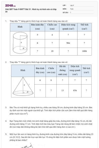 Giải SBT Toán 9 KNTT Bài 31. Hình trụ và hình nón có đáp án