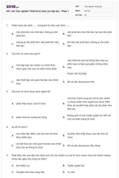 50+ câu Trắc nghiệm Thiết kế tổ chức (có đáp án) - Phần 1
