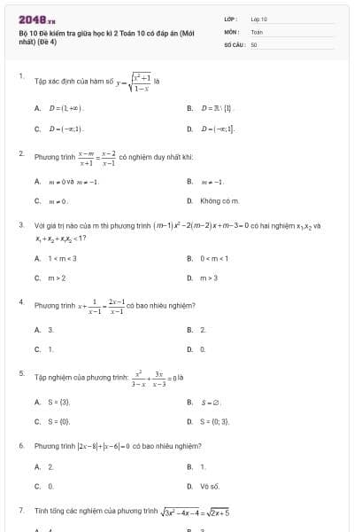 Bộ 10 Đề kiểm tra giữa học kì 2 Toán 10 có đáp án (Mới nhất) (Đề 4)