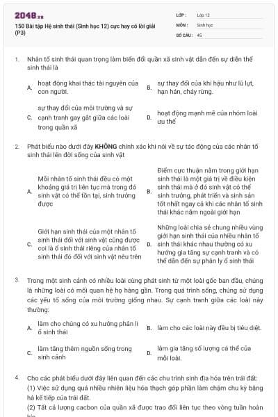 150 Bài tập Hệ sinh thái (Sinh học 12) cực hay có lời giải (P3)