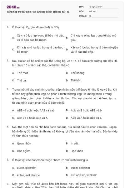 Tổng hợp thi thử Sinh Học cực hay có lời giải (Đề số 11)