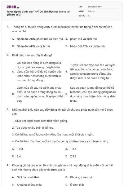 Tuyển tập Bộ đề thi thử THPTQG Sinh Học cực hay có lời giải (Đề số 3)