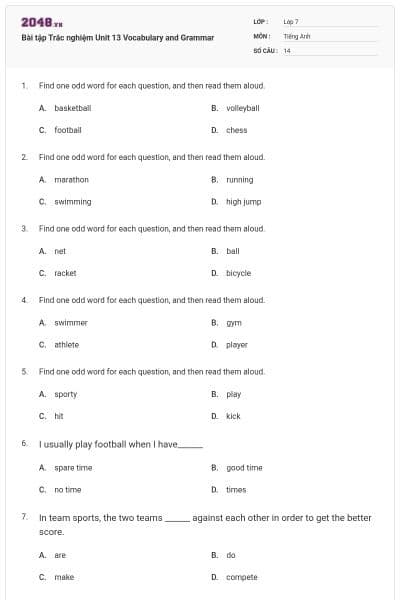 Bài tập Trắc nghiệm Unit 13 Vocabulary and Grammar