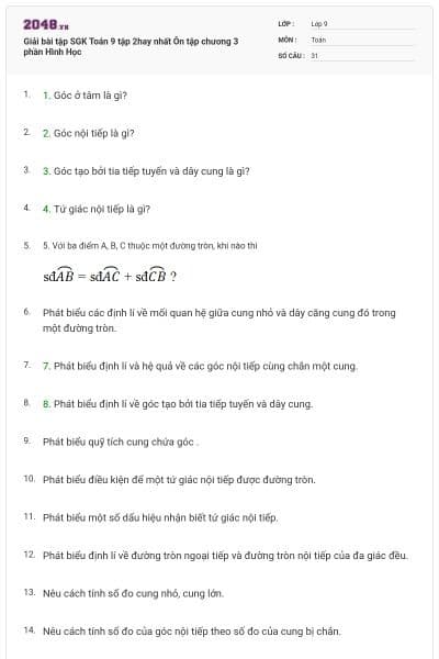 Giải bài tập SGK Toán 9 tập 2hay nhất Ôn tập chương 3 phần Hình Học