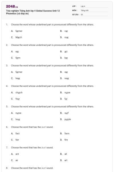 Trắc nghiệm Tiếng Anh lớp 4 Global Success Unit 12 Phonetics (có đáp án)