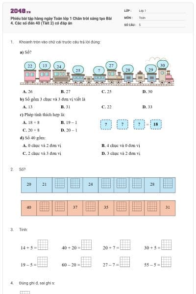 Phiếu bài tập hàng ngày Toán lớp 1 Chân trời sáng tạo Bài 4. Các số đến 40 (Tiết 2) có đáp án