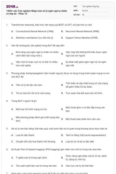 1000+ câu Trắc nghiệm Nhập môn xử lý ngôn ngữ tự nhiên có đáp án - Phần 10