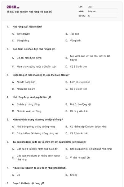 15 câu trắc nghiệm Nhà rông (có đáp án)