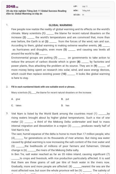 28 câu trắc nghiệm Tiếng Anh 11 Global Success Reading điền từ: Global Warming có đáp án