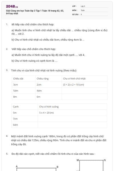 Giải Cùng em học Toán lớp 3 Tập 1 Tuần 18 trang 62, 63, 64 hay nhất