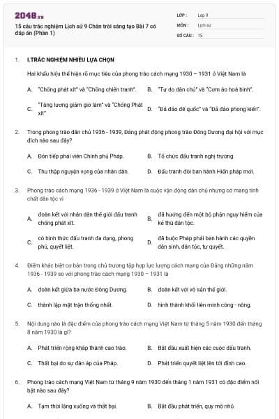 15 câu trắc nghiệm Lịch sử 9 Chân trời sáng tạo Bài 7 có đáp án (Phần 1)