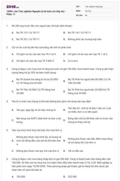 1000+ câu Trắc nghiệm Nguyên lý kế toán (có đáp án) - Phần 11