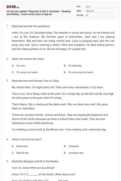 20 câu trắc nghiệm Tiếng Anh 4 Unit 4: Activities - Reading and Writing - iLearn smart start có đáp án