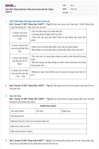 Giải VBT Tiếng Việt lớp 4 Kết nối tri thức Bài 20: Chiều ngoại ô