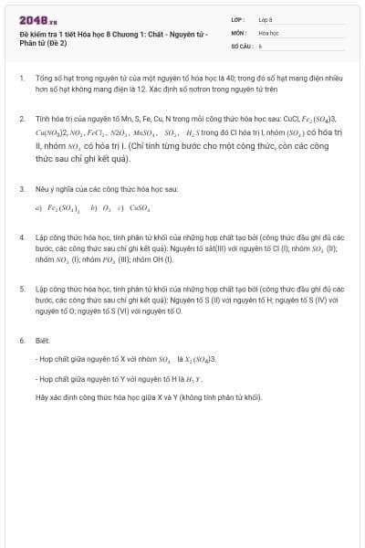 Đề kiểm tra 1 tiết Hóa học 8 Chương 1: Chất - Nguyên tử - Phân tử (Đề 2)